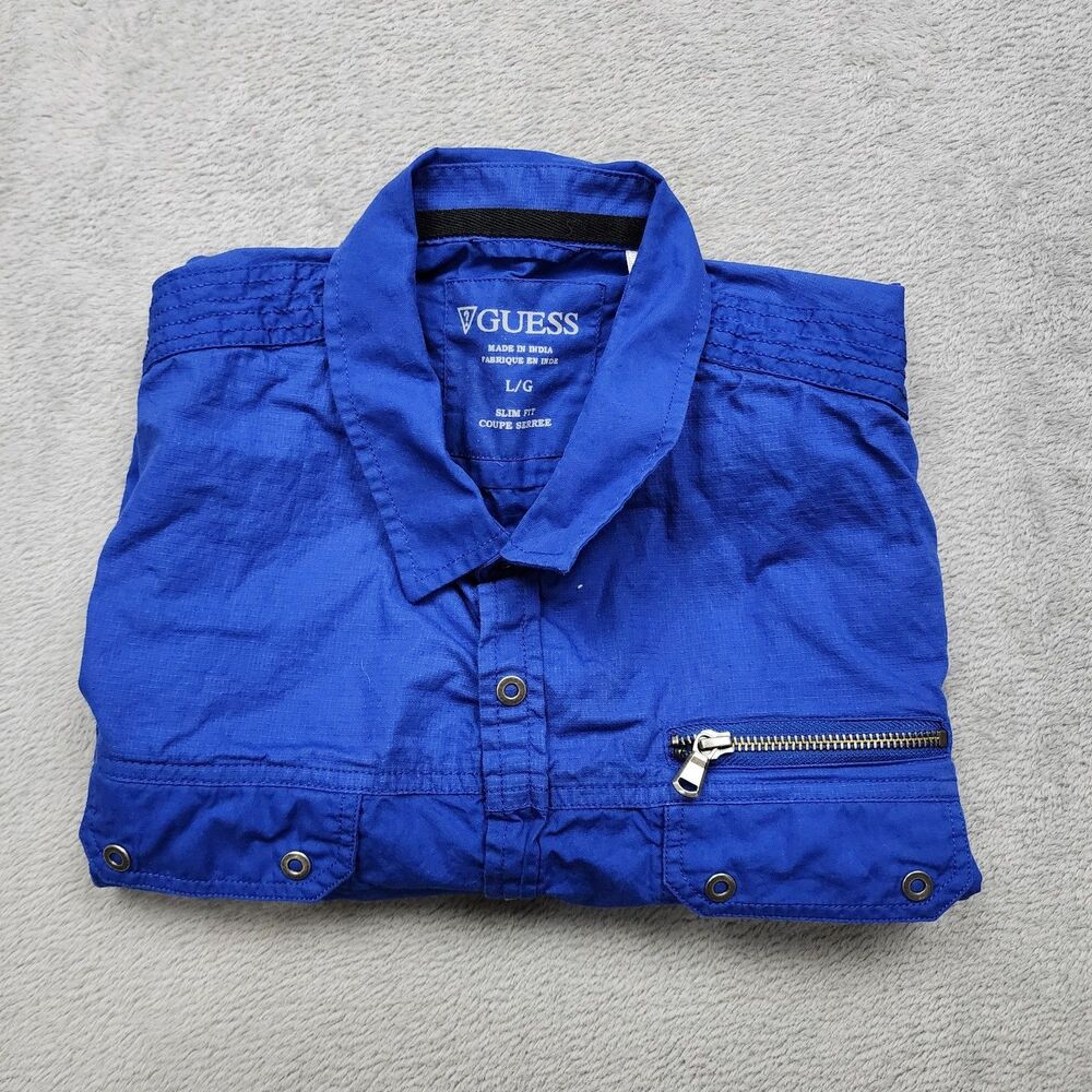 Guess Womens L Blue Slim Fit Button Up Shirt 100% Cotton Short Sleeve Zip Pocket